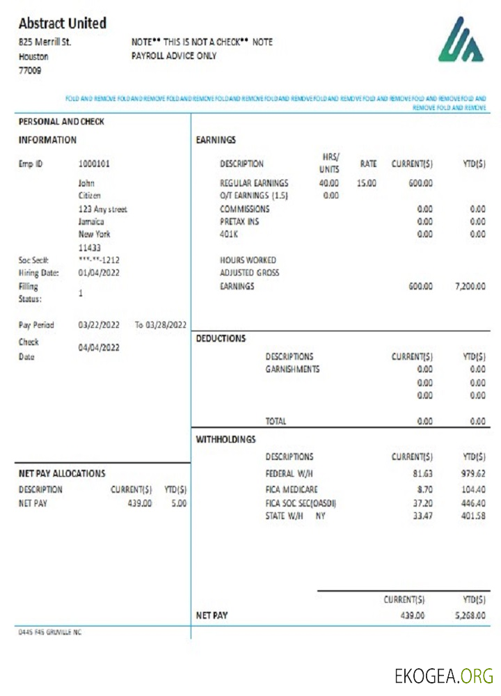 Etats Unis New York Résumé Fiche de paie de United
